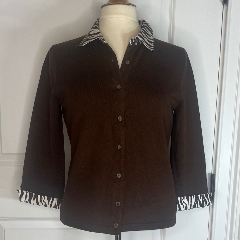 Jones New York Petite,  Size PM, Brown Zebra Trim, Brown Sweater
